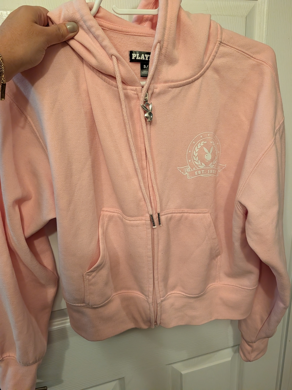 PLAYBOY Pastel Pink Zip-Up Hoodie Jacket with Crest